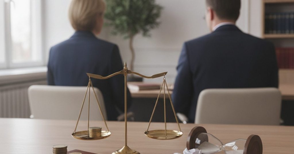 Waga szalkowa z monetami i klepsydra na stole w kancelarii prawnej