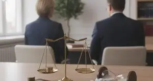 Waga szalkowa z monetami i klepsydra na stole w kancelarii prawnej